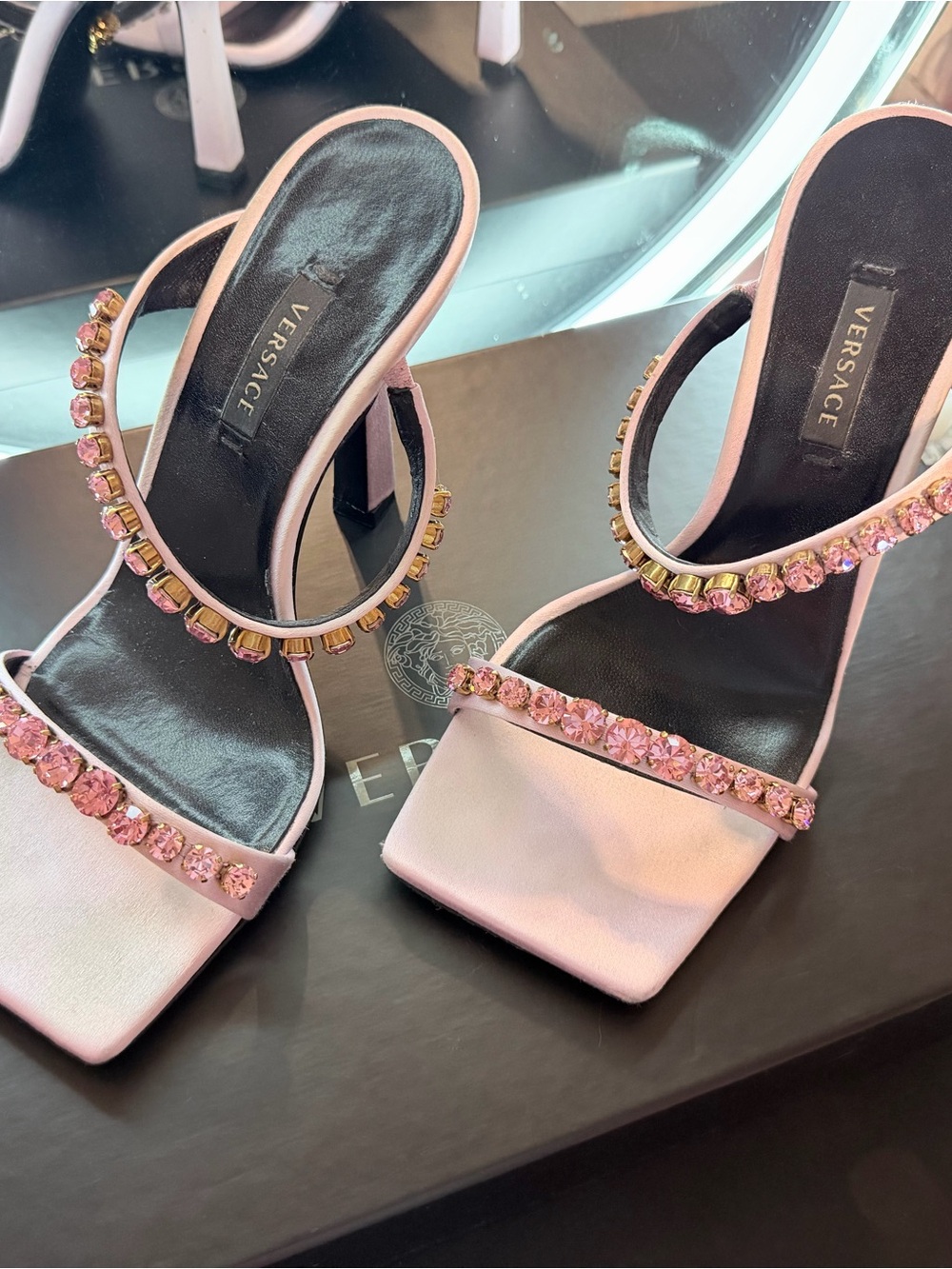 Versace Pink Crystal-Strap Square-Toe High-Heels